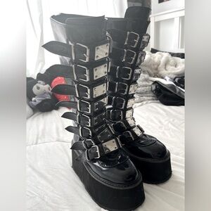 Demonia Black Patent Platform Buckle Boots